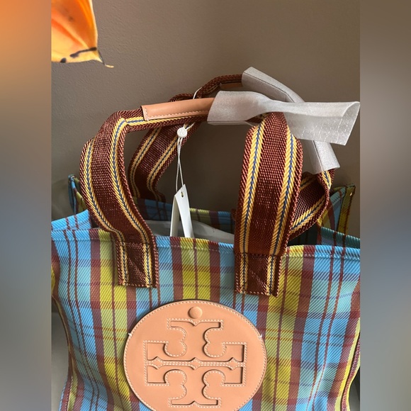 Tory Burch Yellow / Blue Mercado Plaid Ella Mesh Tote Bag - Picture 5 of 12